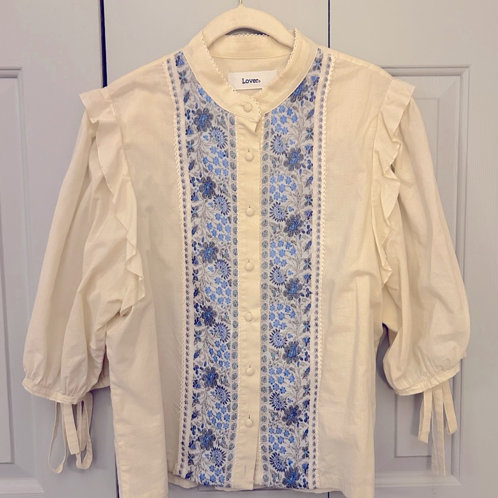 LOVER Embroidered cotton Blouse, Cream & Blue, Sz 10